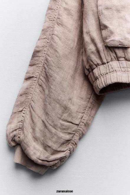 Zara vêtements P66V84 femmes bomber à poche en lin rose