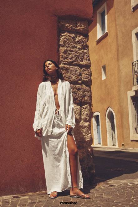 Zara vêtements P66V85 femmes kimono froissé noué blanc