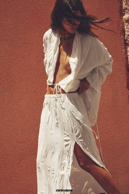 Zara vêtements P66V85 femmes kimono froissé noué blanc