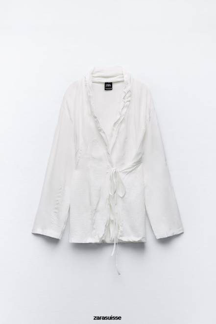Zara vêtements P66V85 femmes kimono froissé noué blanc