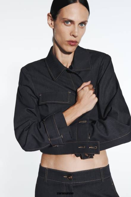 Zara vêtements P66V86 femmes veste courte à surpiqûres indigo