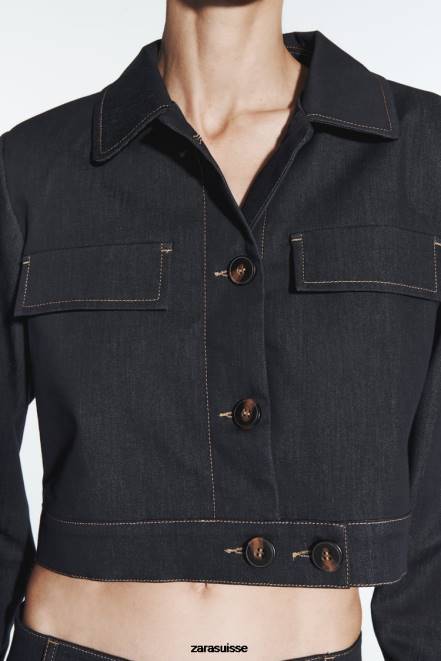 Zara vêtements P66V86 femmes veste courte à surpiqûres indigo