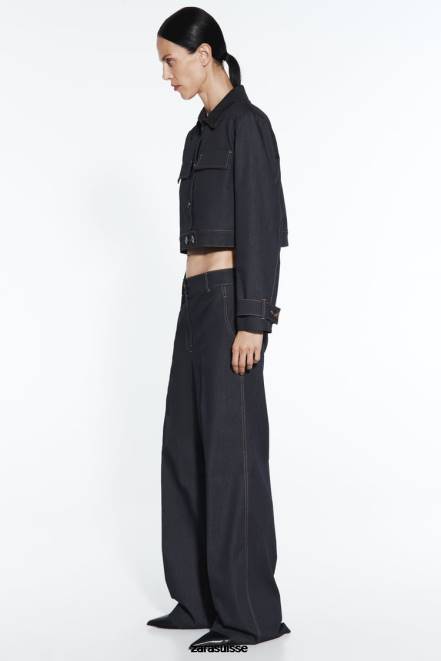 Zara vêtements P66V86 femmes veste courte à surpiqûres indigo