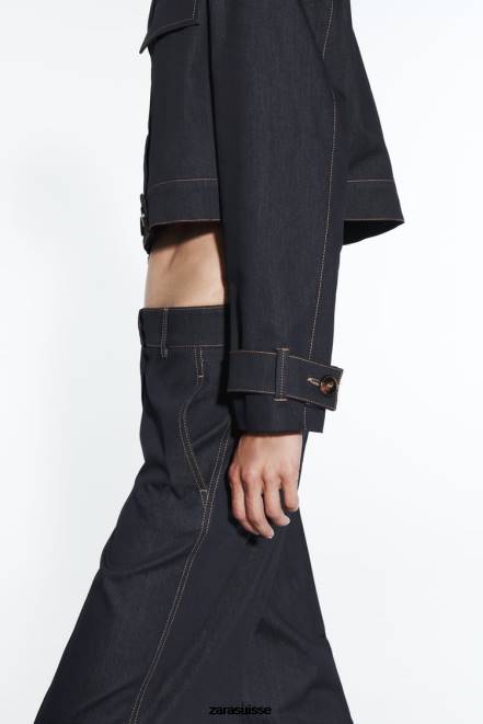 Zara vêtements P66V86 femmes veste courte à surpiqûres indigo
