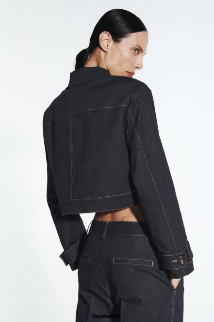 Zara vêtements P66V86 femmes veste courte à surpiqûres indigo