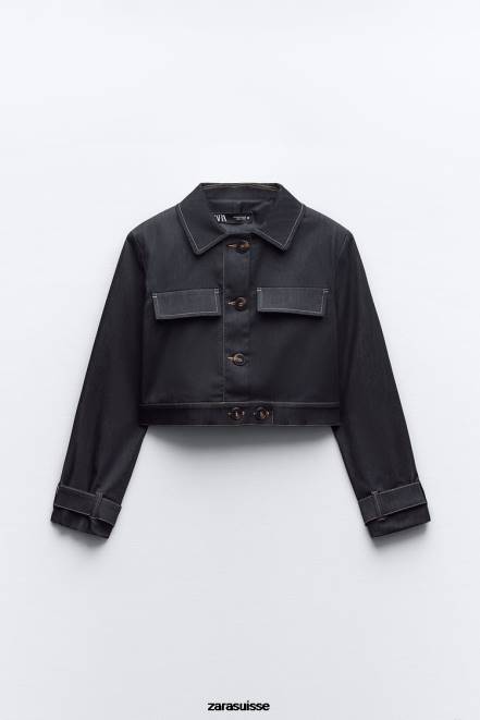 Zara vêtements P66V86 femmes veste courte à surpiqûres indigo