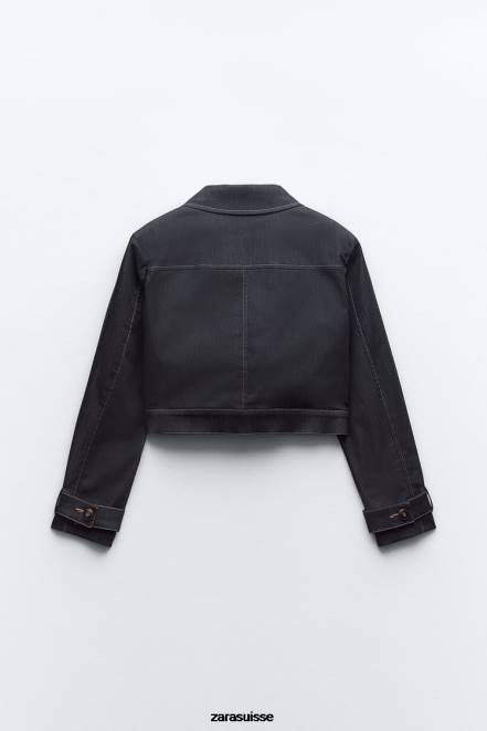 Zara vêtements P66V86 femmes veste courte à surpiqûres indigo