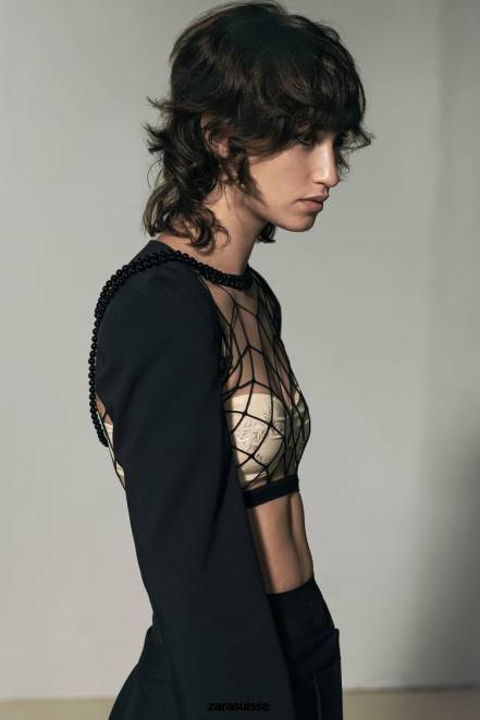 Zara vêtements P66V87 femmes manchettes passepoilées bleu marine foncé