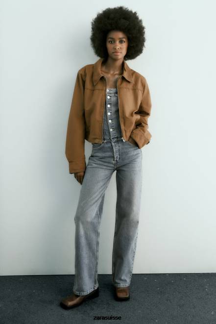 Zara vêtements P66V88 femmes veste courte en coton ciré brun