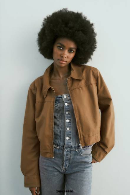 Zara vêtements P66V88 femmes veste courte en coton ciré brun