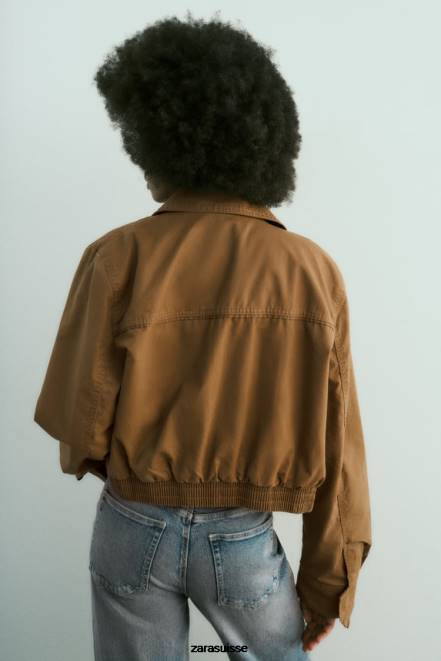 Zara vêtements P66V88 femmes veste courte en coton ciré brun