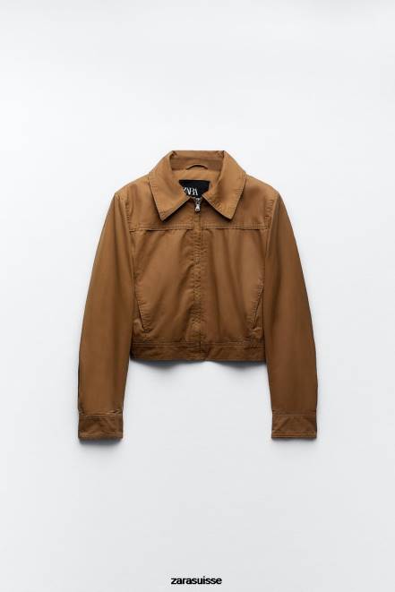 Zara vêtements P66V88 femmes veste courte en coton ciré brun