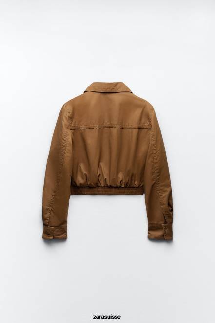 Zara vêtements P66V88 femmes veste courte en coton ciré brun