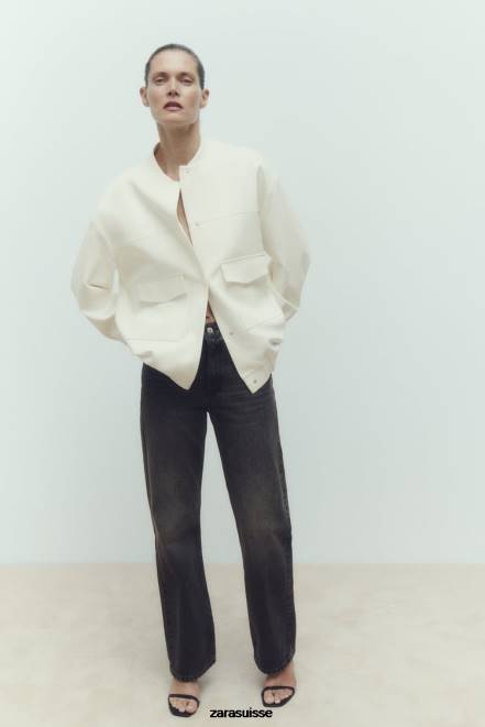 Zara vêtements P66V89 femmes bomber long avec poches plaquées blanc d'huître