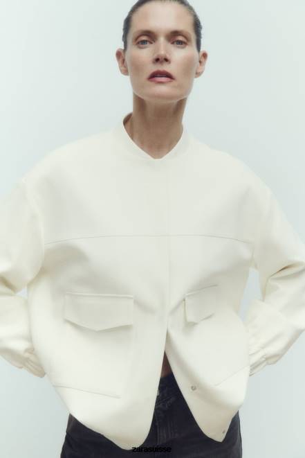 Zara vêtements P66V89 femmes bomber long avec poches plaquées blanc d'huître