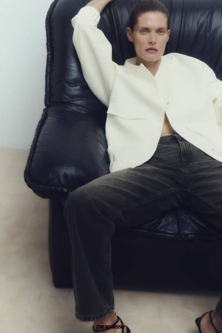 Zara vêtements P66V89 femmes bomber long avec poches plaquées blanc d'huître