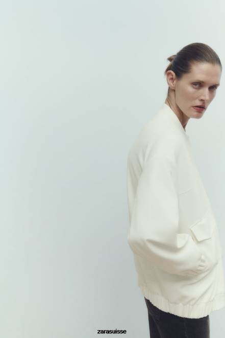 Zara vêtements P66V89 femmes bomber long avec poches plaquées blanc d'huître