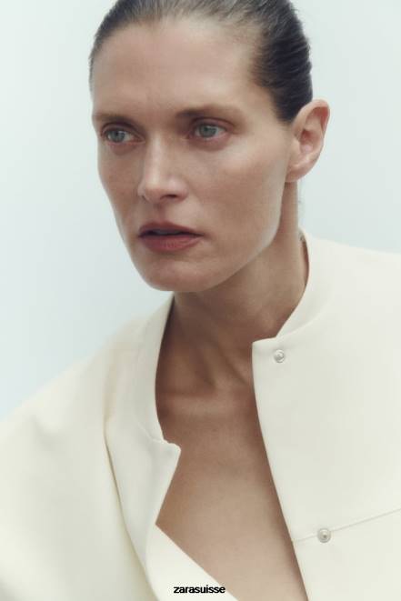 Zara vêtements P66V89 femmes bomber long avec poches plaquées blanc d'huître