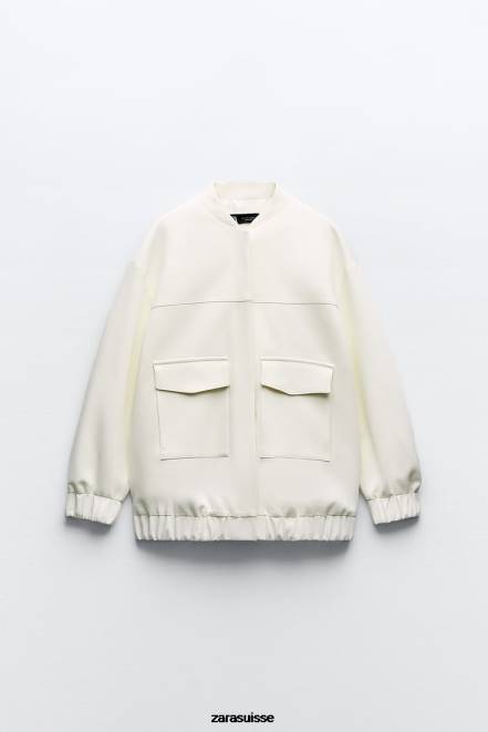 Zara vêtements P66V89 femmes bomber long avec poches plaquées blanc d'huître