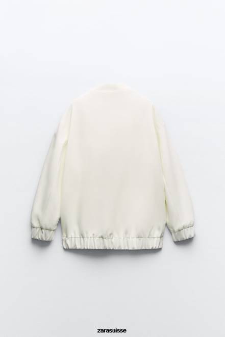 Zara vêtements P66V89 femmes bomber long avec poches plaquées blanc d'huître