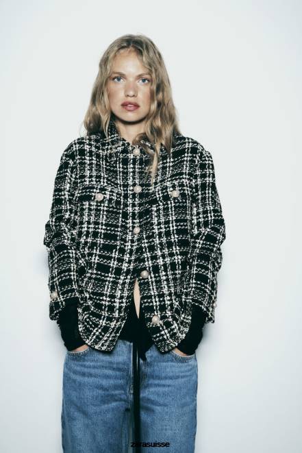 Zara vêtements P66V8 femmes surchemise texturée à carreaux noir/écru