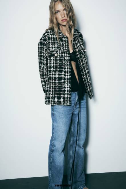 Zara vêtements P66V8 femmes surchemise texturée à carreaux noir/écru