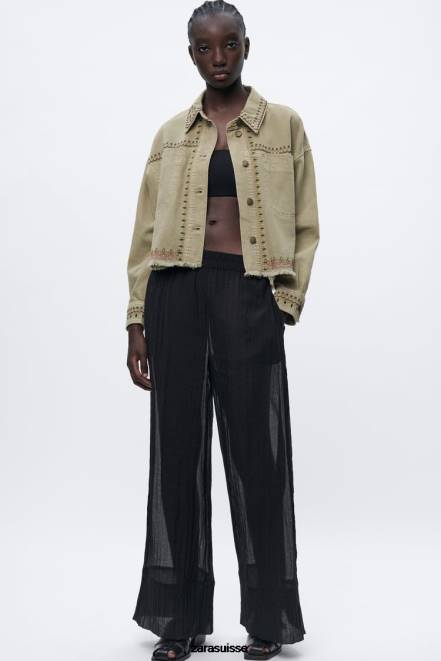 Zara vêtements P66V90 femmes surchemise brodée kaki