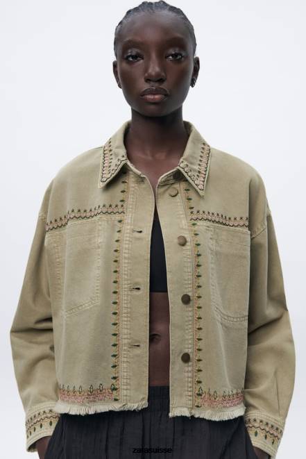 Zara vêtements P66V90 femmes surchemise brodée kaki