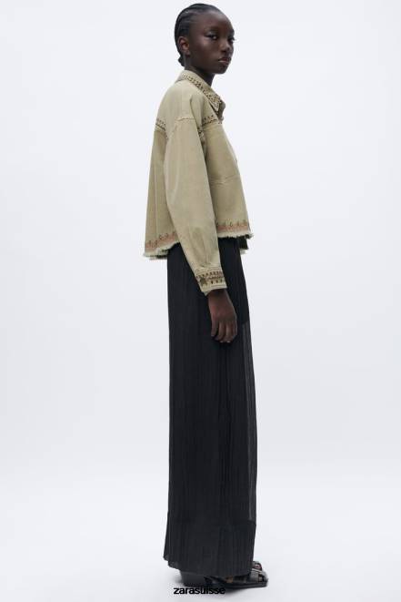 Zara vêtements P66V90 femmes surchemise brodée kaki