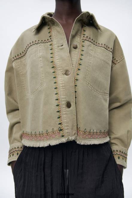 Zara vêtements P66V90 femmes surchemise brodée kaki