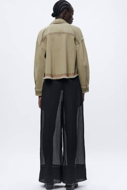 Zara vêtements P66V90 femmes surchemise brodée kaki