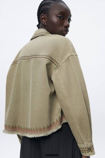 Zara vêtements P66V90 femmes surchemise brodée kaki