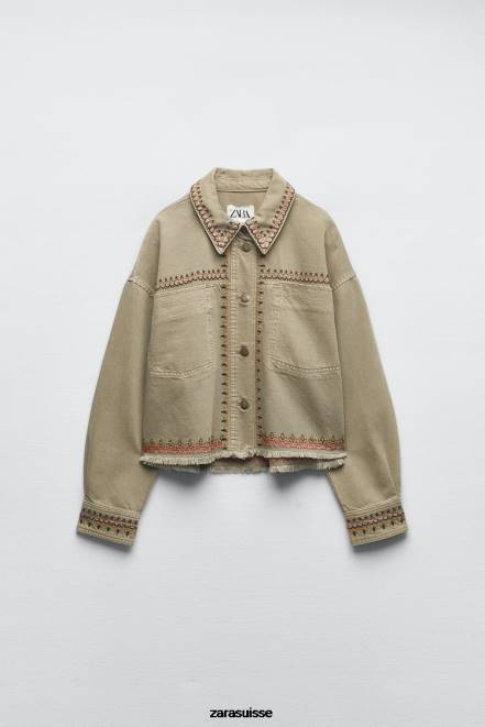 Zara vêtements P66V90 femmes surchemise brodée kaki
