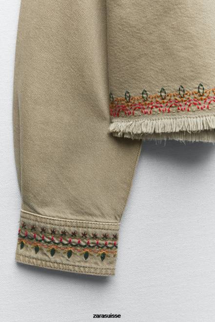 Zara vêtements P66V90 femmes surchemise brodée kaki