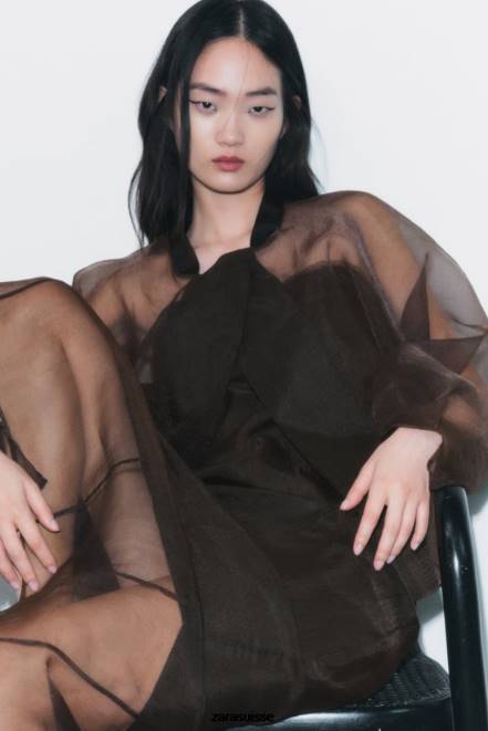 Zara vêtements P66V99 femmes blouson aviateur contrastant en organza brun