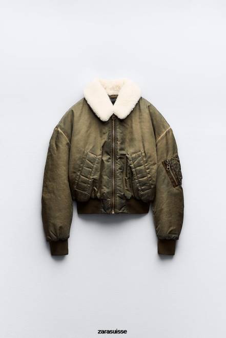 Zara vêtements P66V9 femmes bomber en nylon à effet usé kaki