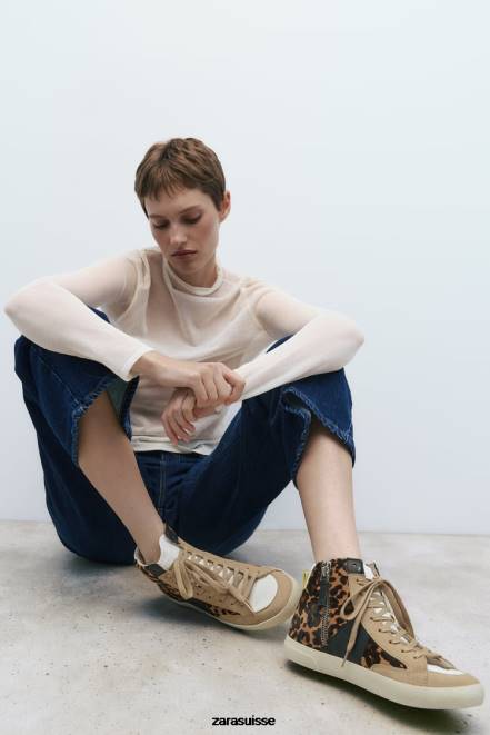 Zara chaussure P66V733 femmes baskets montantes en cuir à imprimé animal léopard
