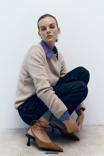 Zara chaussure P66V736 femmes talons en cuir à bride arrière et lacets brun