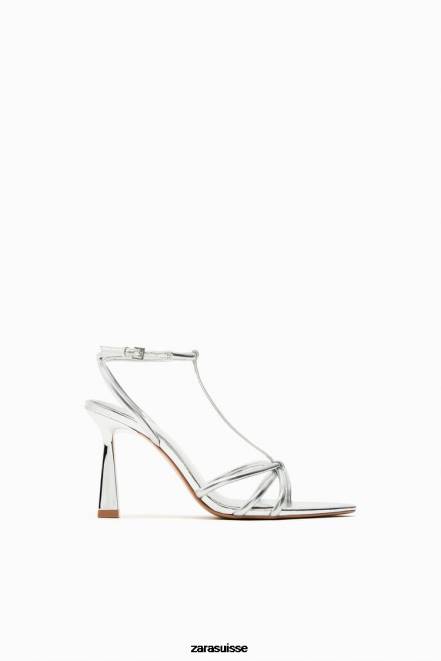 Zara chaussure P66V936 femmes sandales à talons métallisés et lanières argent
