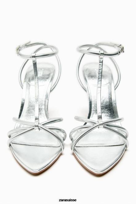 Zara chaussure P66V936 femmes sandales à talons métallisés et lanières argent