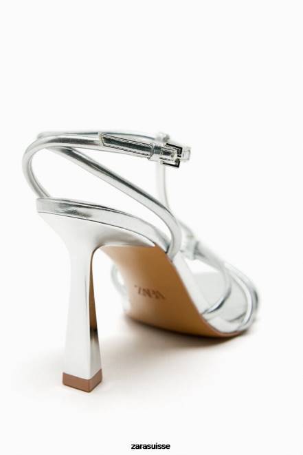 Zara chaussure P66V936 femmes sandales à talons métallisés et lanières argent