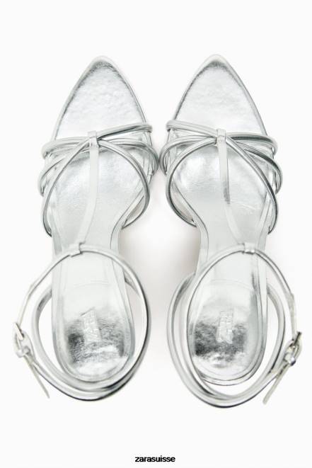 Zara chaussure P66V936 femmes sandales à talons métallisés et lanières argent