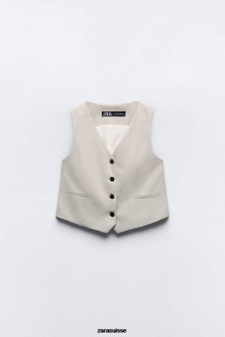 Zara vêtements P66V882 femmes gilet court ajusté gris/beige