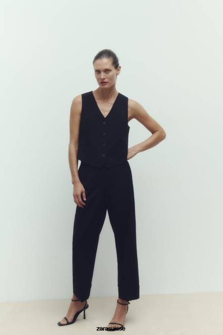 Zara vêtements P66V884 femmes pantalon droit à revers retroussés noir