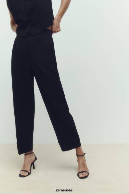 Zara vêtements P66V884 femmes pantalon droit à revers retroussés noir