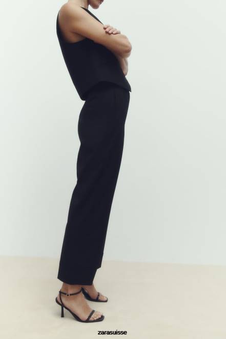 Zara vêtements P66V884 femmes pantalon droit à revers retroussés noir