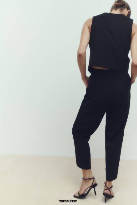 Zara vêtements P66V884 femmes pantalon droit à revers retroussés noir
