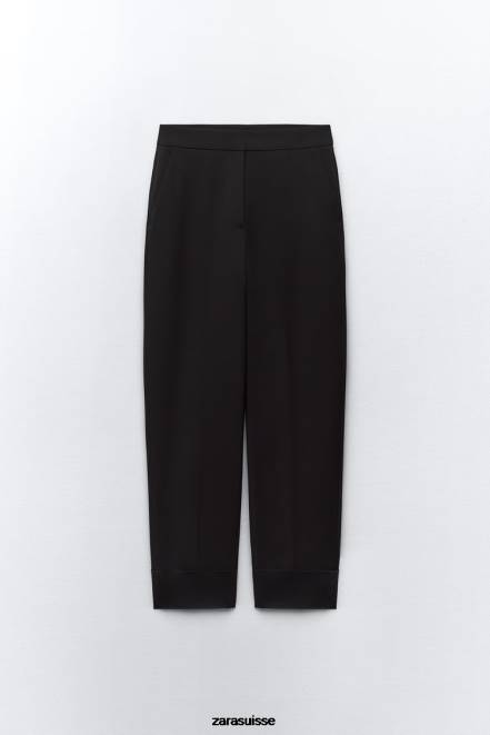 Zara vêtements P66V884 femmes pantalon droit à revers retroussés noir