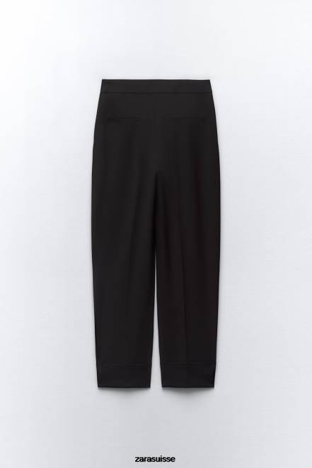 Zara vêtements P66V884 femmes pantalon droit à revers retroussés noir