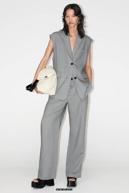 Zara vêtements P66V891 femmes pantalon évasé en lin mélangé gris